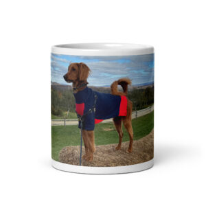 White Glossy Mug with Jaxy Dog in the Manger Design