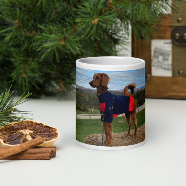 White Glossy Mug with Jaxy Dog in the Manger Design - Image 4